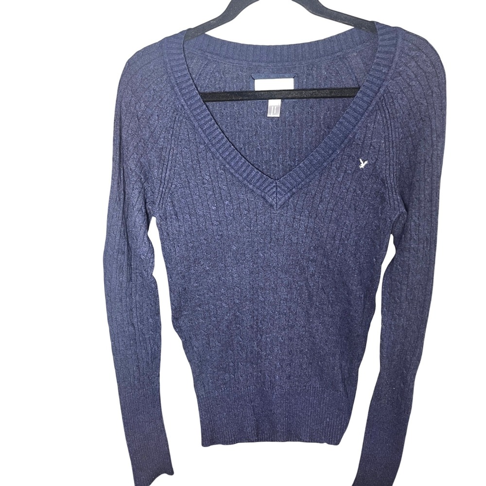 American Eagle Navy Blue Cable Knit V-Neck Angora Blend Sweater Large Y2k Bella